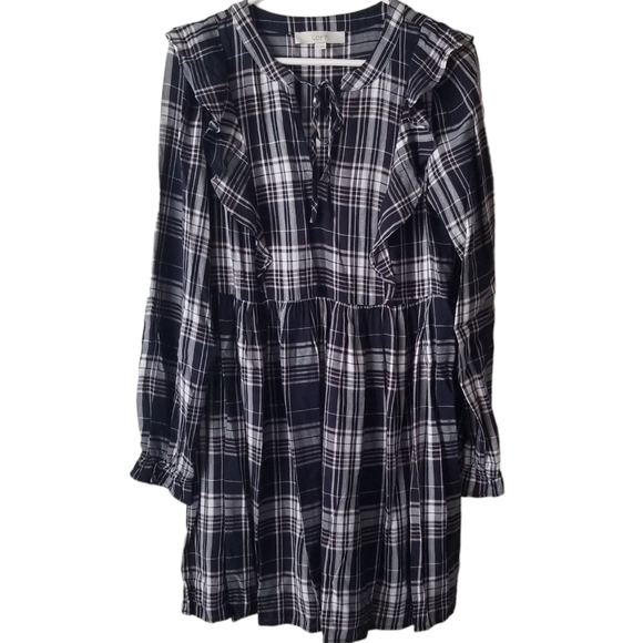 LOFT Plaid Ruffle V Neck Swing Dress Size XS - Picture 2 of 15